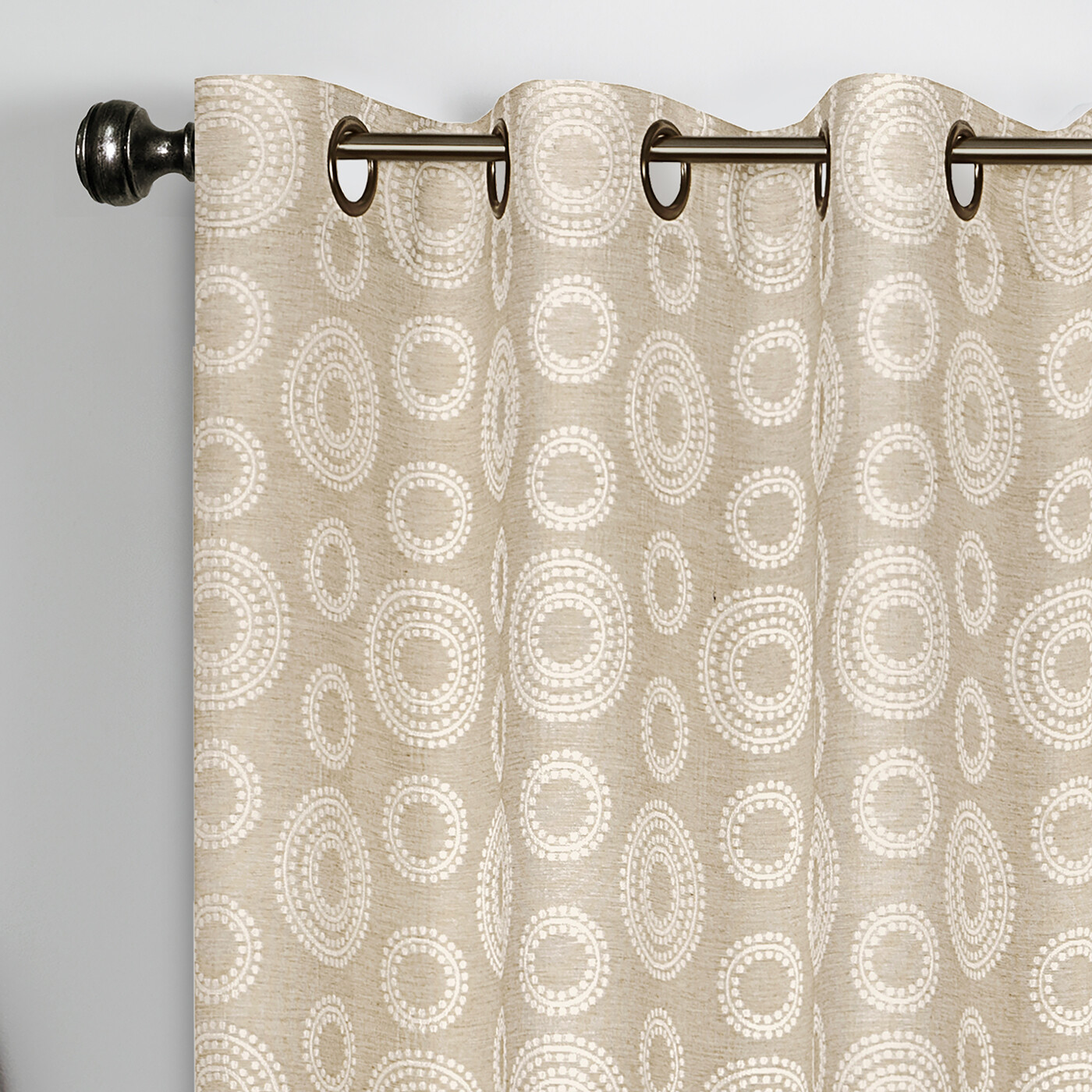 Contemporary Woven Jacquard Geometric White Accent Circles, Grommet Panels, Tan