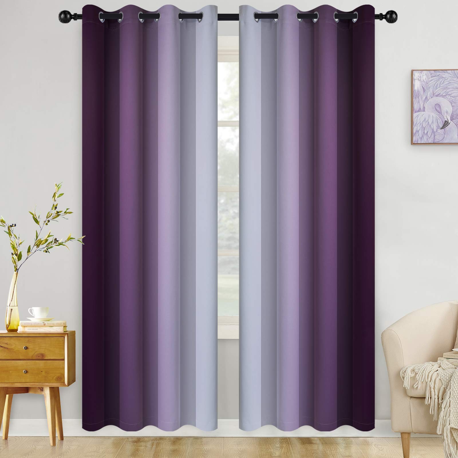 Grommet Ombre Room Darkening Curtains 84 inch Length 2 Panels,Purple and Gray…