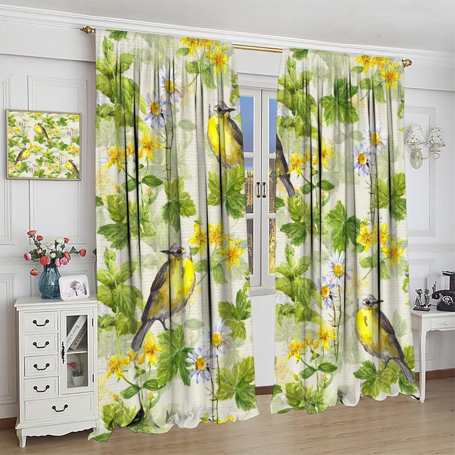 Bohemian Curtains, Vintage Rural Green Yellow Art Watercolor Plants Leaves Flor