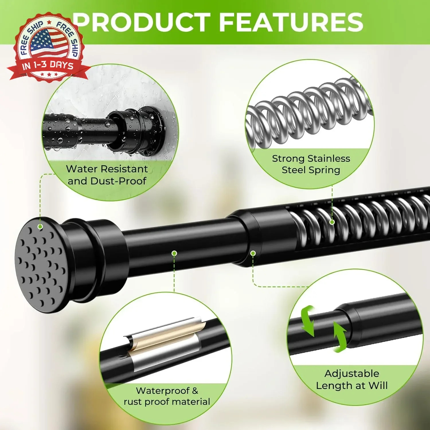 2 Pack Spring Tension Rods 28-48 Inches No Drill Tension Curtain Rods Black Spri