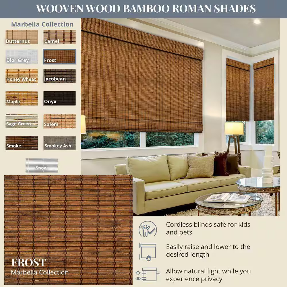 Natural Woven Light Filtering Cordless Bamboo Roman Shades for Windows, 47 In. W