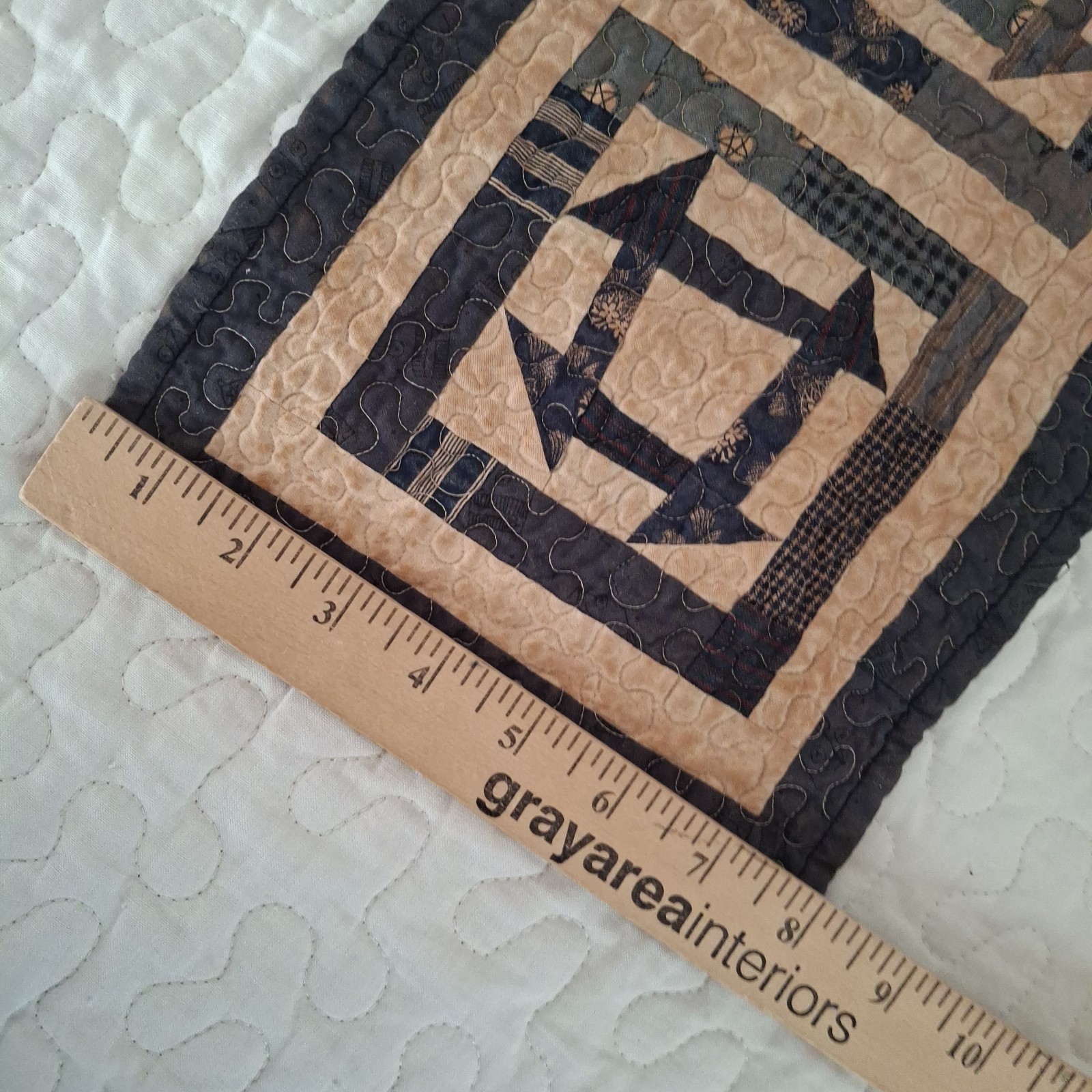 Handmade Quilted wall hanging Table Runner cottagecore navy Tan 19×8″ Patchwork