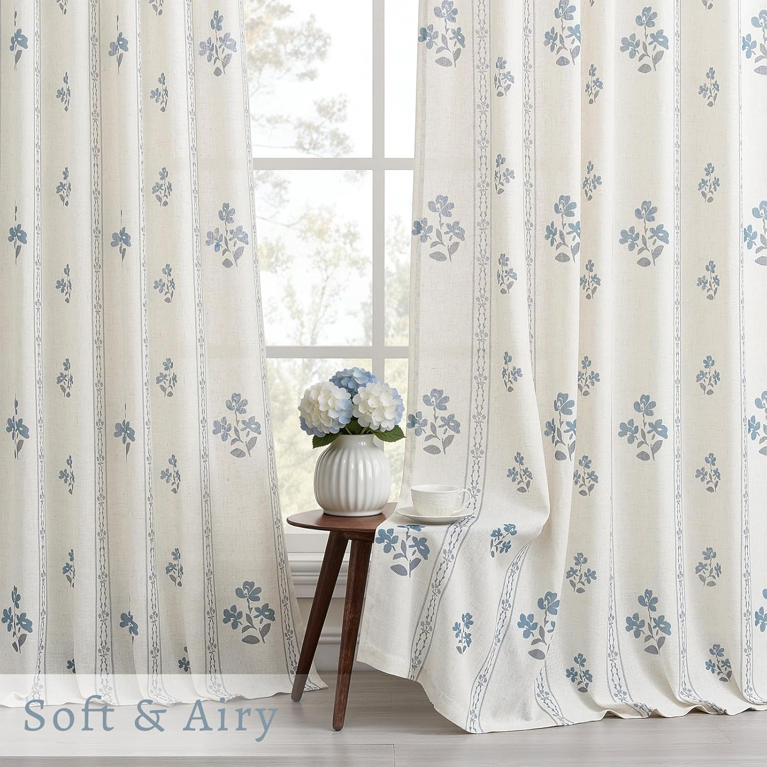 Blue Grey Pinch Pleated Floral Curtains 96 Inches Long for Living Dining Room Pi