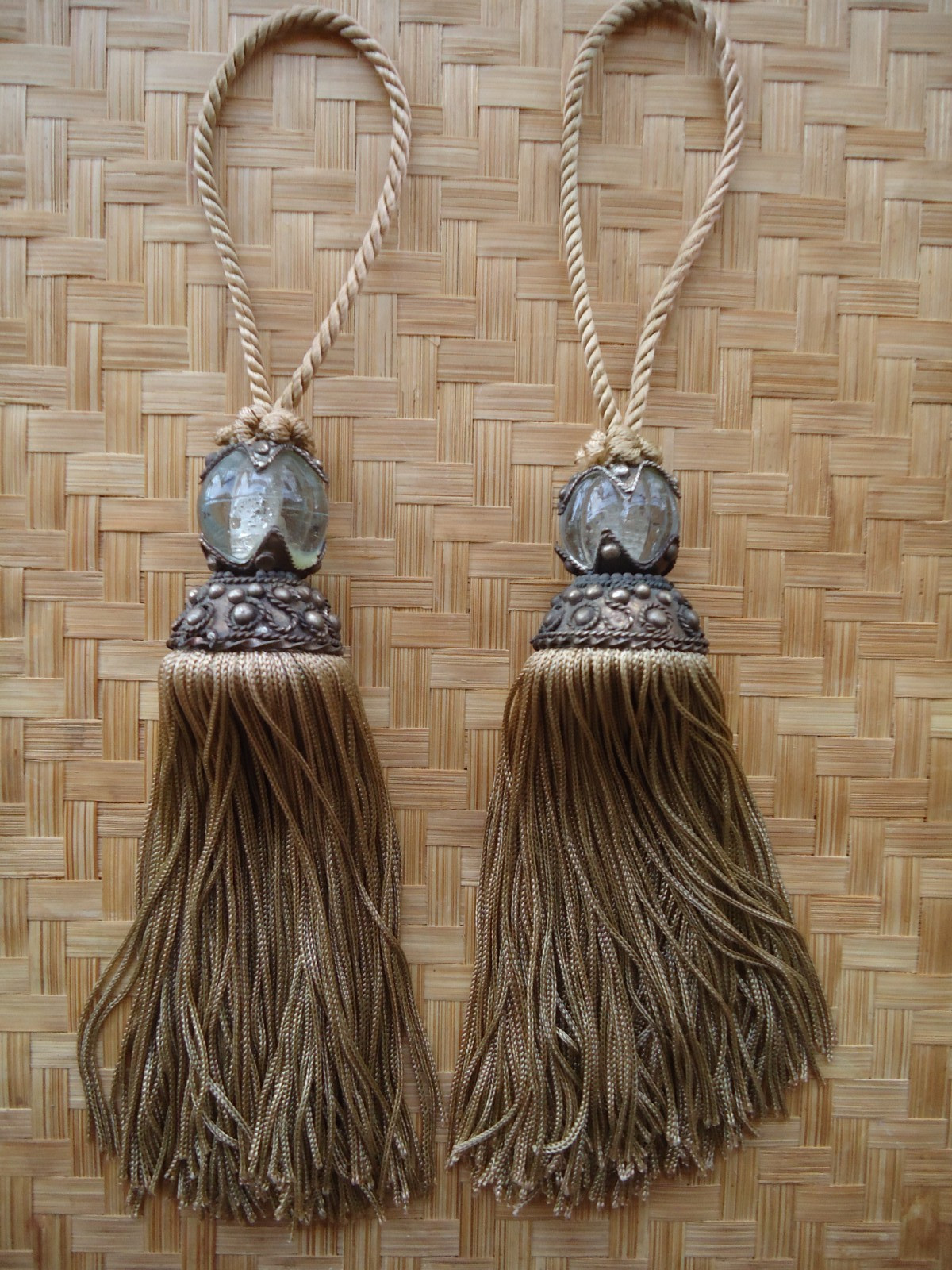 Curtain Tie Back Pair 2 Glass Metal Tan Brown Tassel Decorative Accessories READ