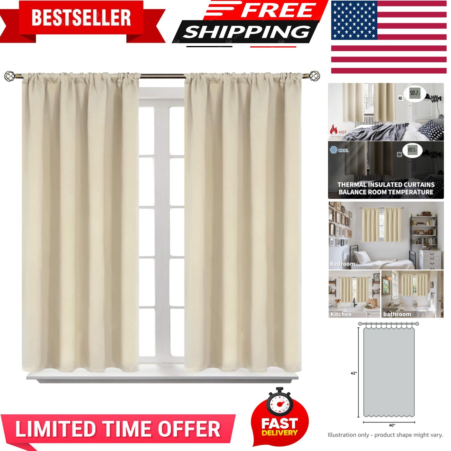 Beige Blackout Curtains 40 Inches Long for Kitchen Window – Short Thermal Ins…