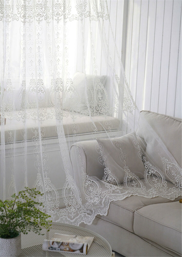 Floral Embroidered Sheer Curtain Elegant Tulle Curtain Voile Window Drape 1Piece