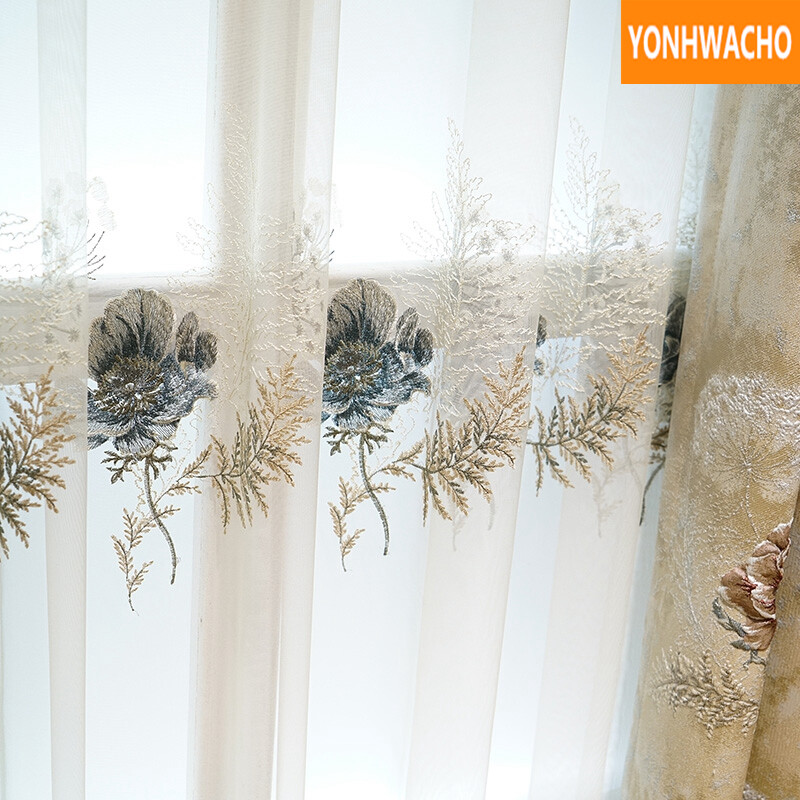 modern European embossed living room beige cloth curtain tulle valance B106