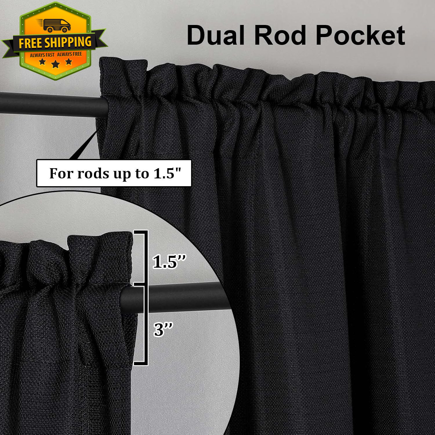 Black Faux Linen Valance 60x14in Kitchen Curtain Small Window Rod Pocket