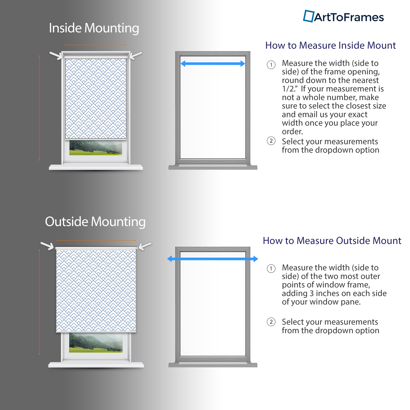 ArtToFrames Custom Window Shade – Blackout Peaks Modern White Grey Design Revers