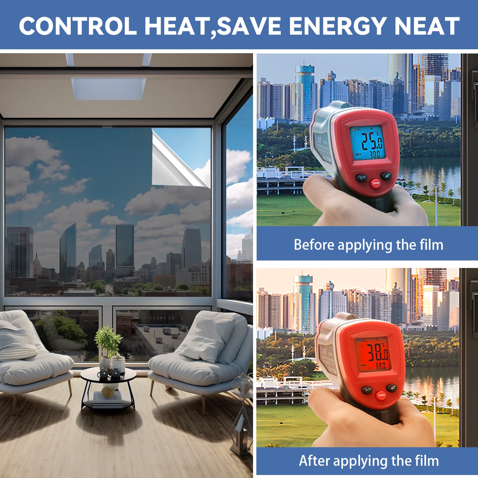 20FT One Way Privacy Window Film Heat Control Sun Blocking Window Tint Covering