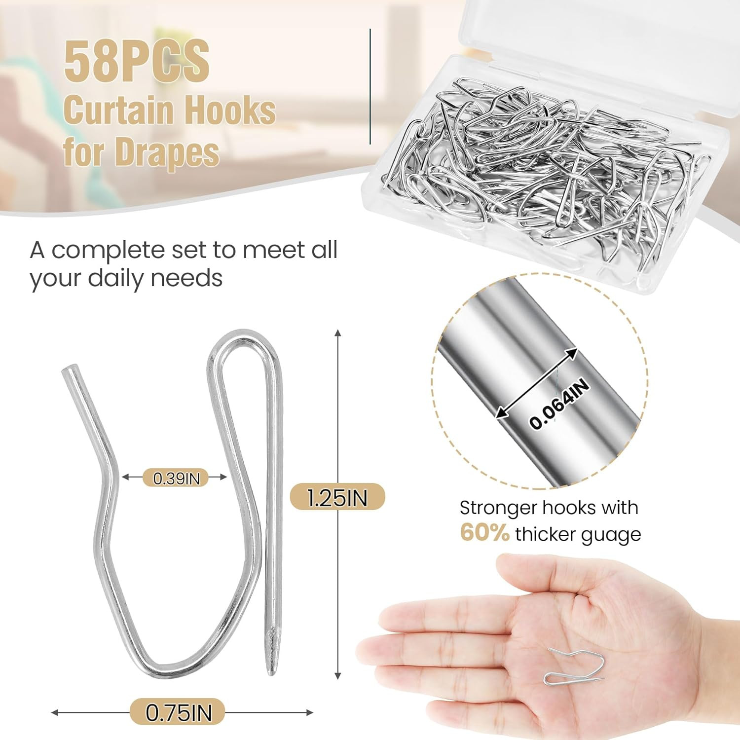 1.25IN Curtain Hooks for Drapes, 58PCS Premium Rustproof Metal Drapery Hooks …
