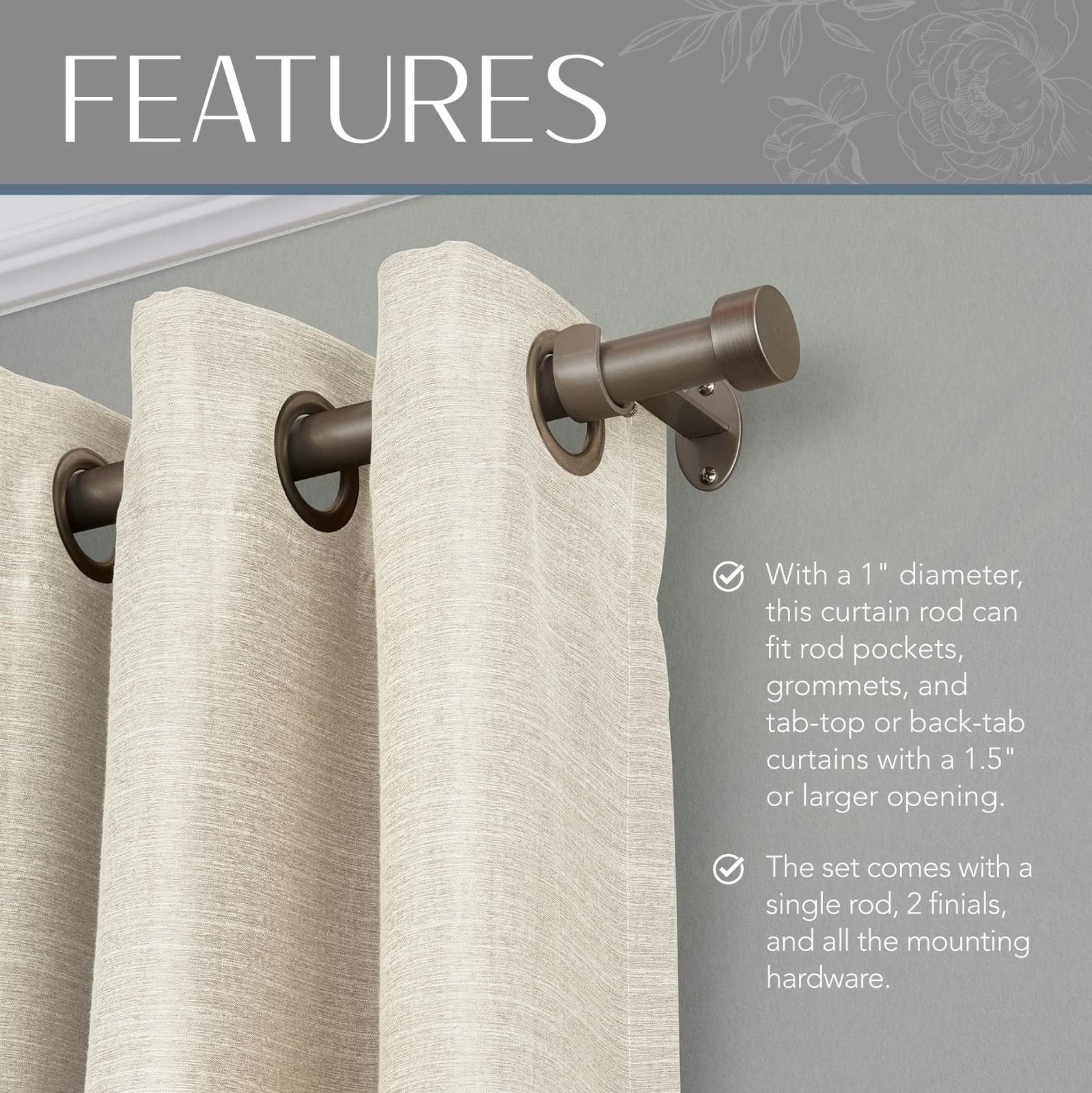 Serena Single Curtain Rod with Contemporary Cap Finial, Polished Nickel – 28″…
