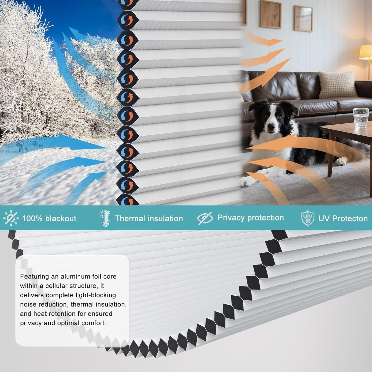 Cordless Blackout Honeycomb Shades, 30.5″ W x 72″ H, White, Thermal Insulated