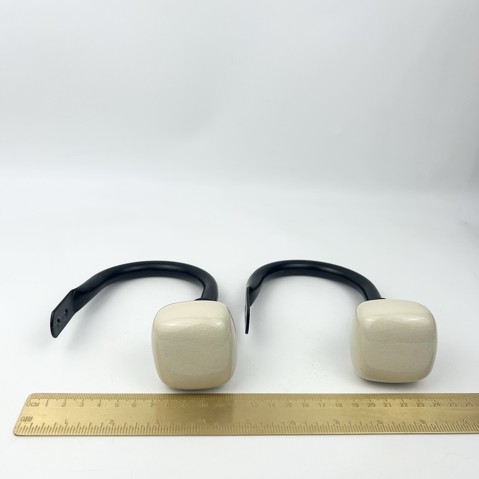 2 Black and Cream Ceramic Square Geometric Knob Curtain Holdbacks #2