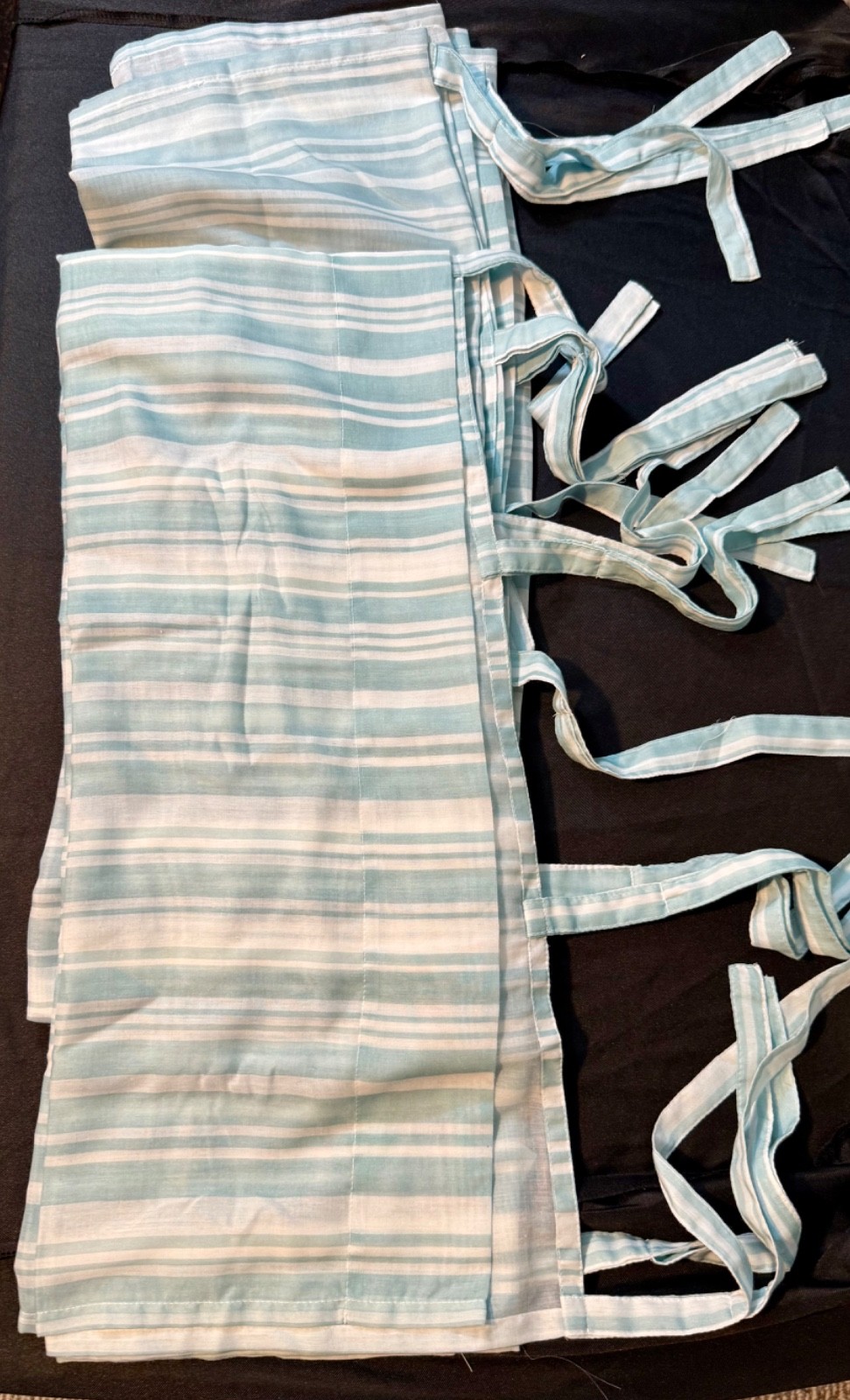 Light Blue And White Striped Tie-Up Window Valance Curtain 2 Panels Farmhouse