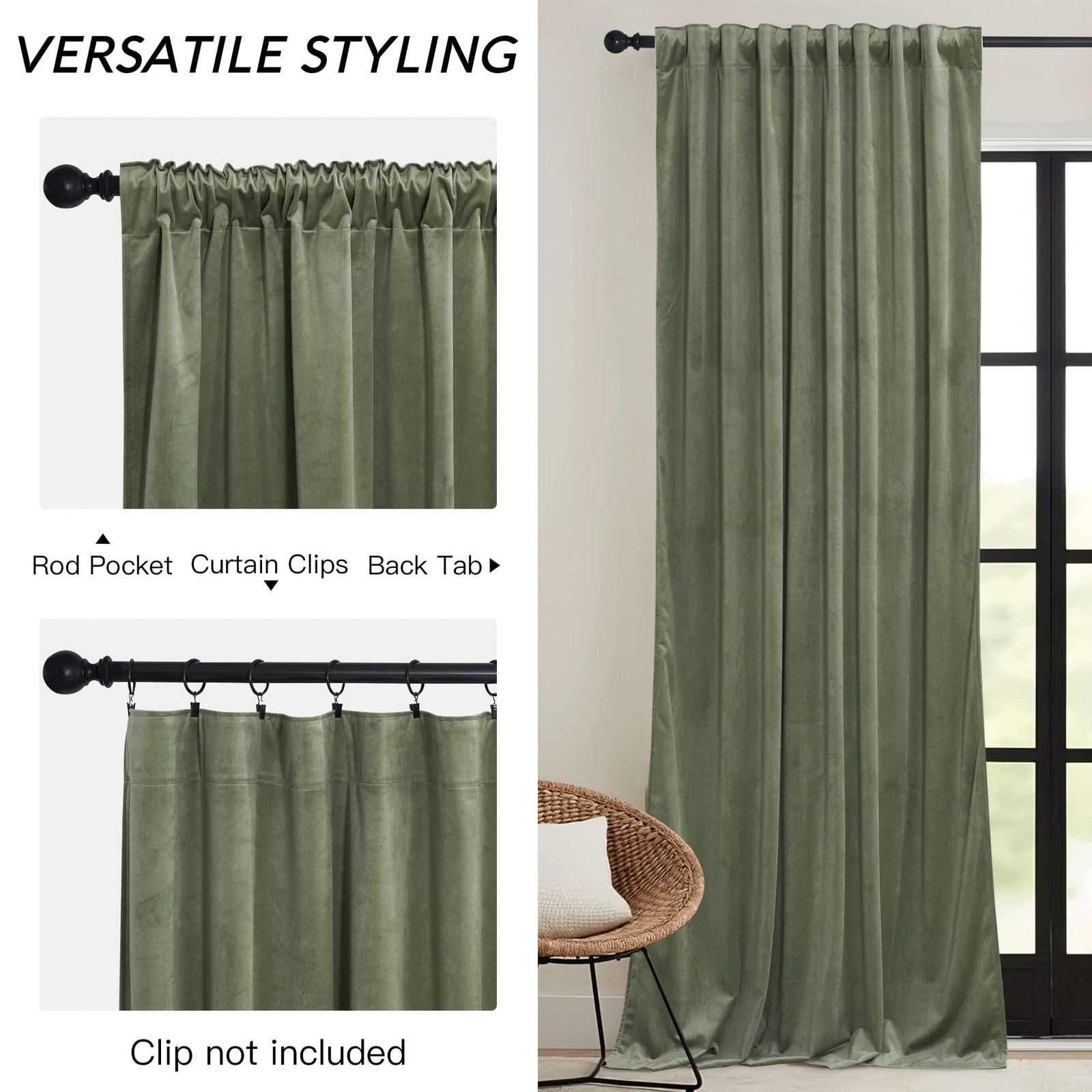 Sage Green Velvet Curtains 96 52″W x 96″L (Pack of 2),