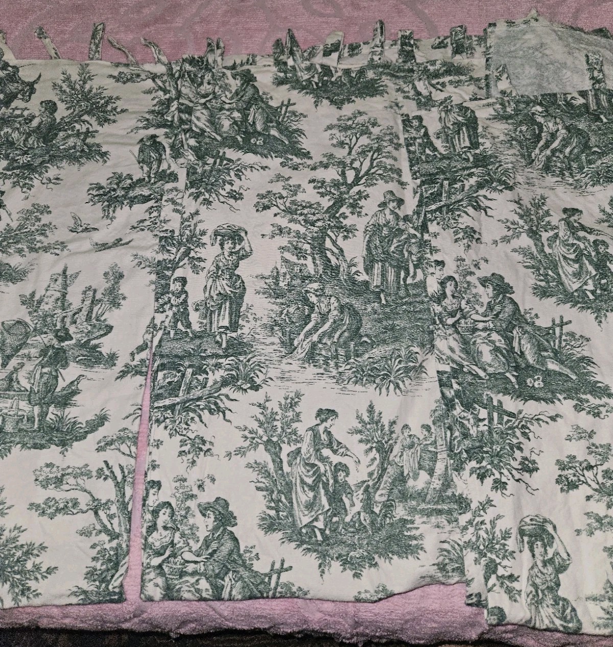Lot Of 3 Handmade Green French Pastoral Toile Tab Top Curtains Unlined 52″X 60″