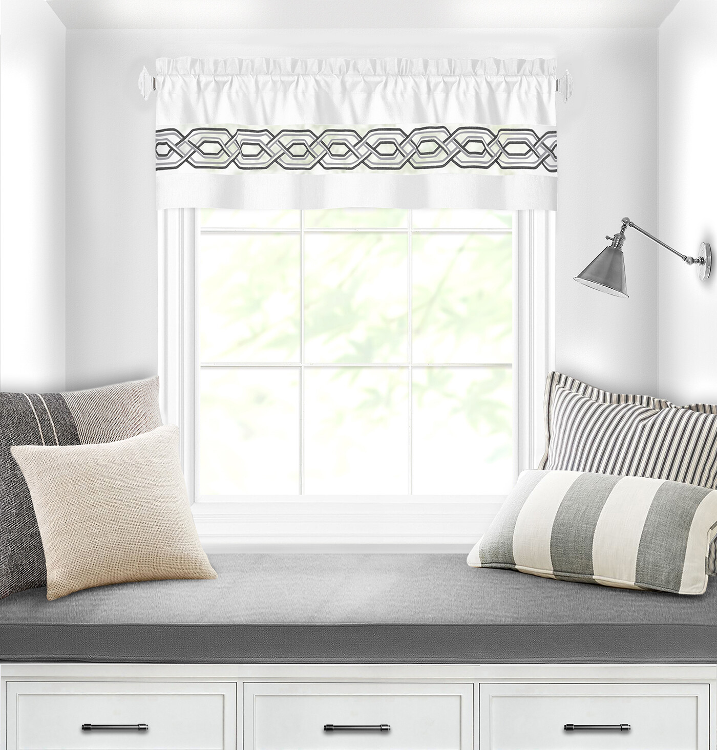 Contemporary Clean Two-Tone Embroidered Window Curtain Set, White