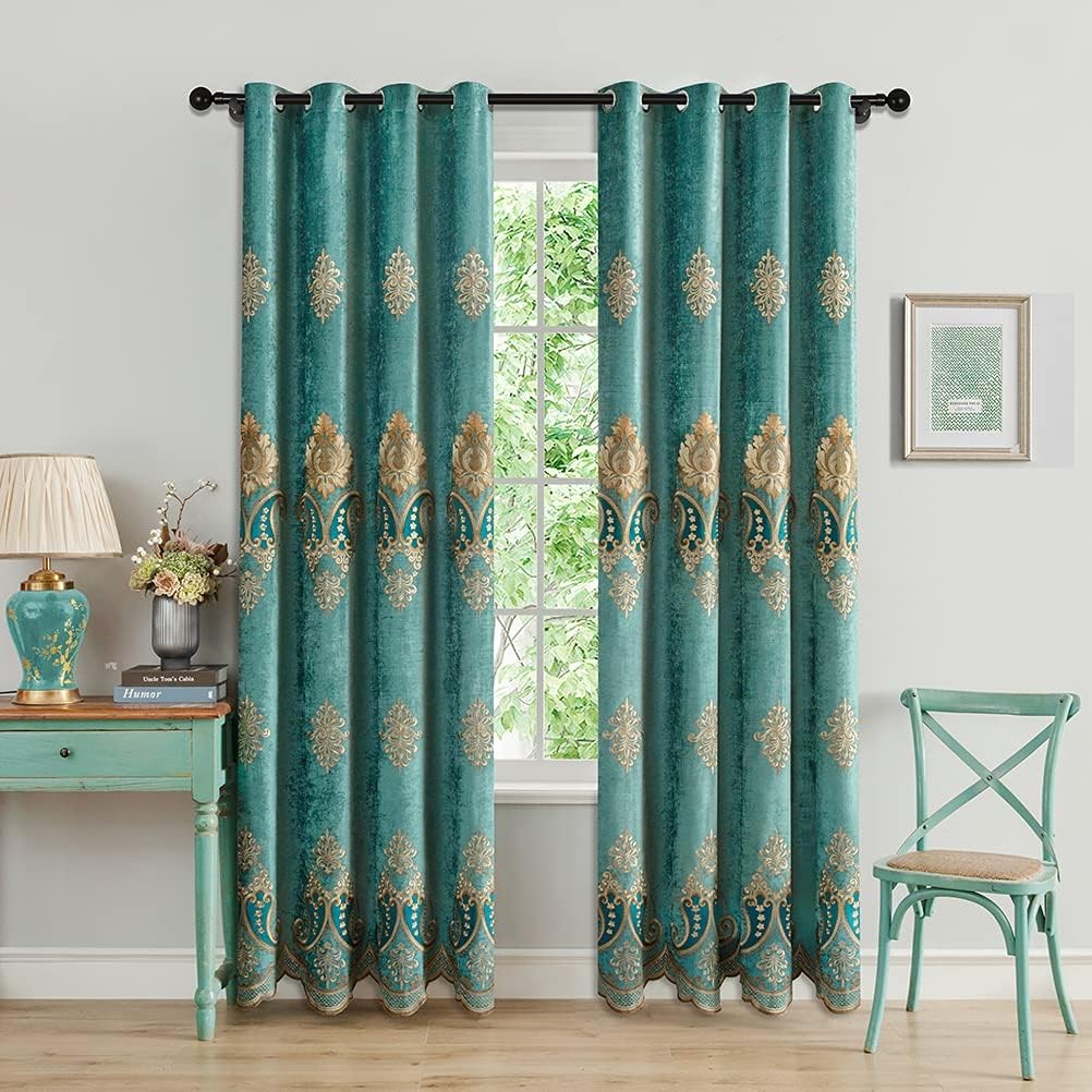 ELKCA Turquoise Chenille Curtain Sets with Embroidered Pattern for Living Room E