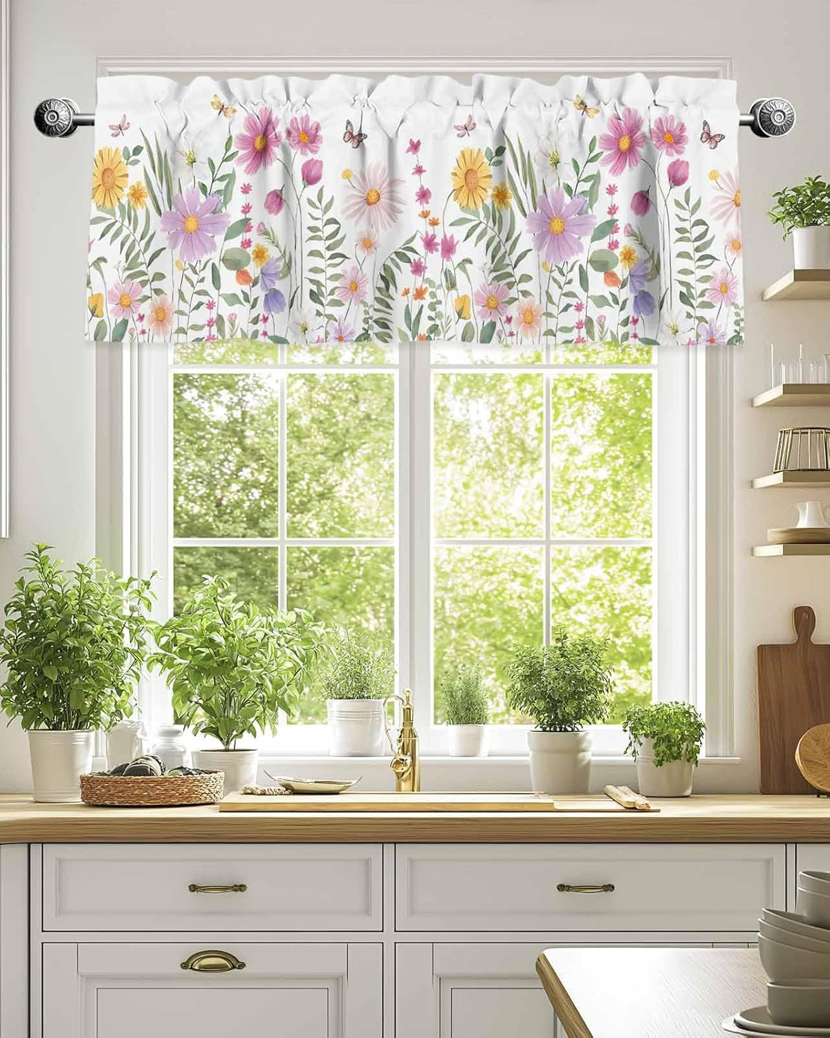 Summer Flower Curtain Valance, Butterfly Wildflowers Watercolor Floral Print Pla