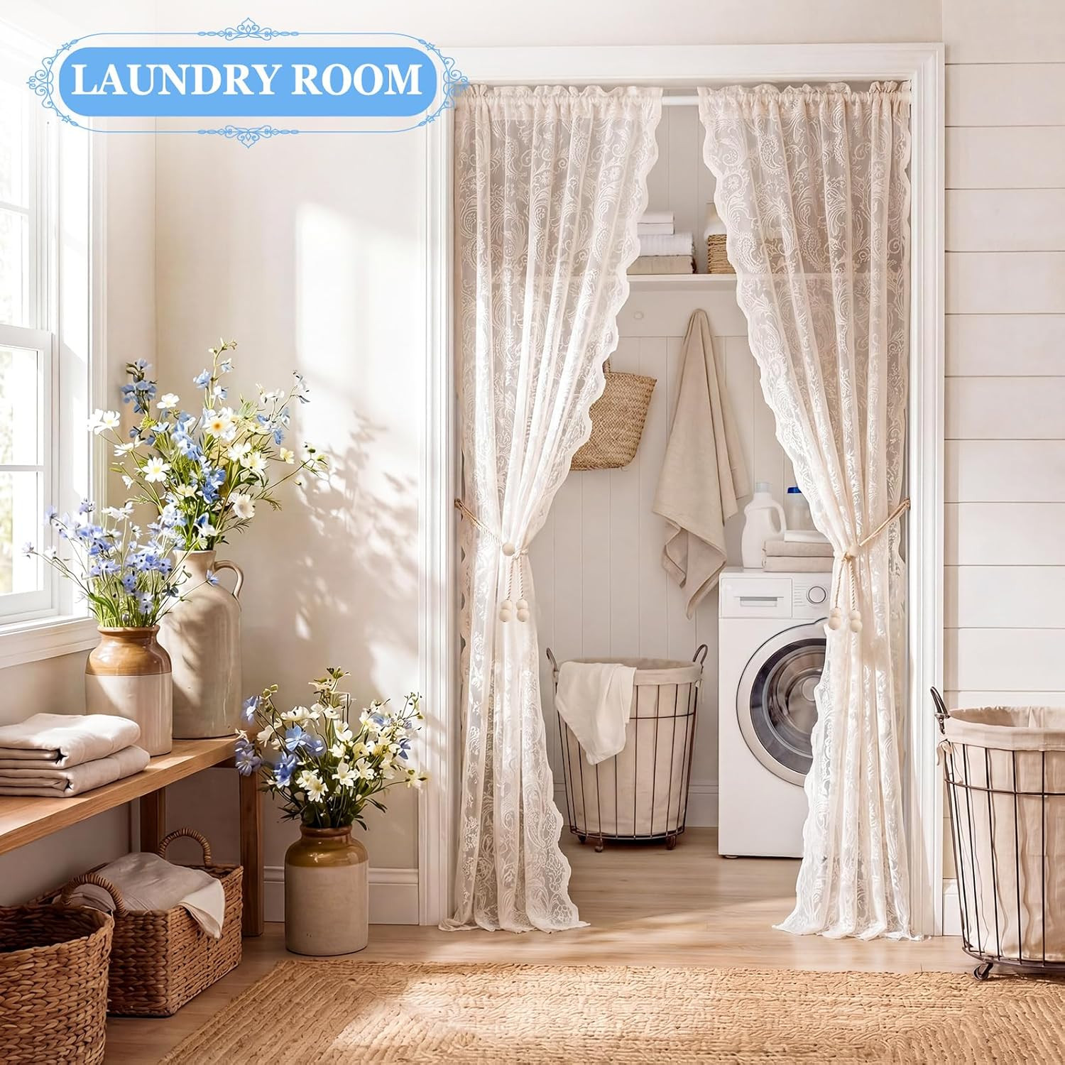 2 Pcs 78 X 80 Inch Lace Ruffled Closet Curtain for Open Closet Vintage Lace Door