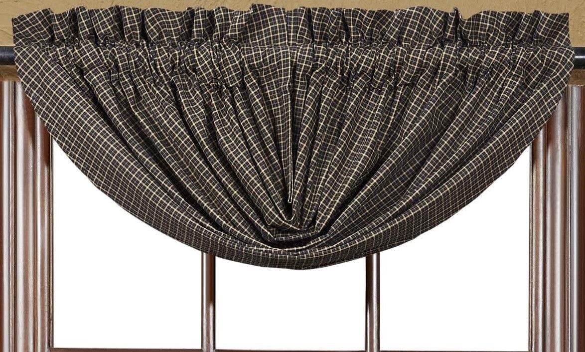 60″ W Black Plaid Balloon Valance 15″ Drop Cotton Lined Country Kettle Grove