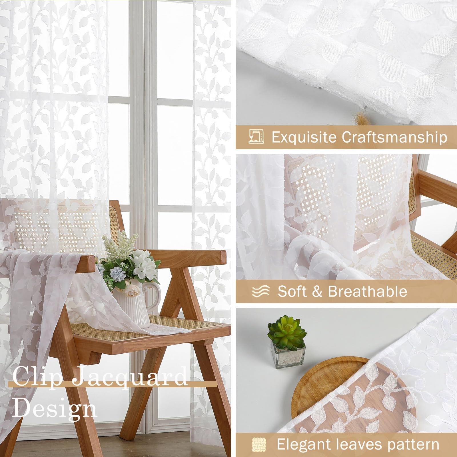 Chyhomenyc White Sheer Curtains 54 Inch Length 42″W x 54″L (Pack of 2),