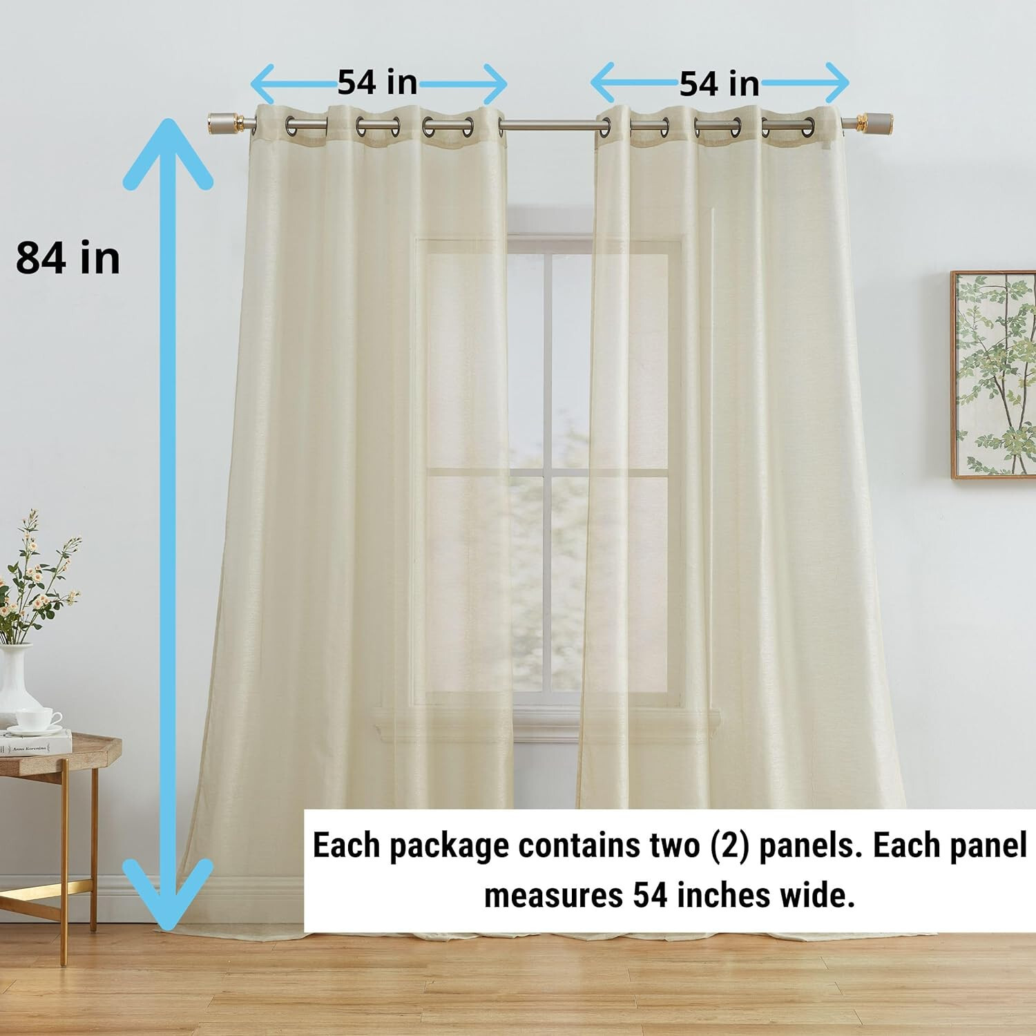 HLC.ME SEMI SHEER WINDOW CURTAIN DRAPE GROMMET PANEL PAIR, BEIGE 54″W X 84″L