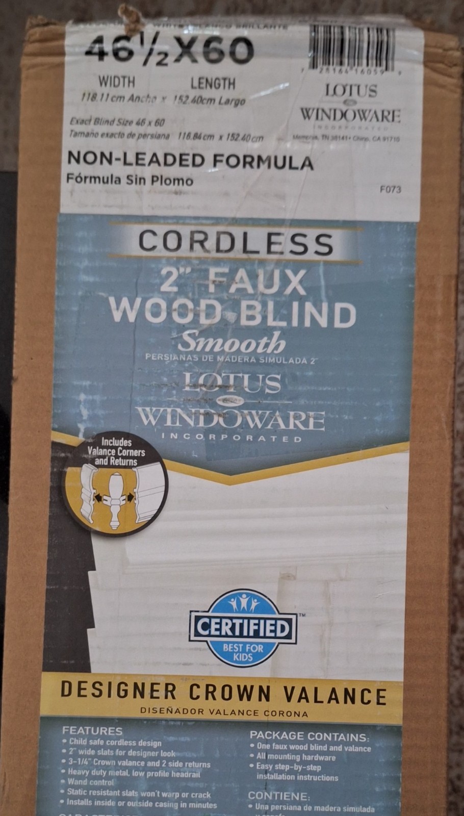 Lotus & Windoware 2-in Cordless Faux Wood Smooth Blind White 46.5in x 60in