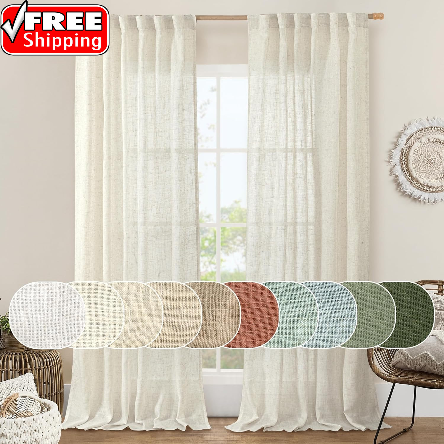 Natural Ivory Semi Sheer Linen Curtains 84 Inch Long, Cream White Light Filterin