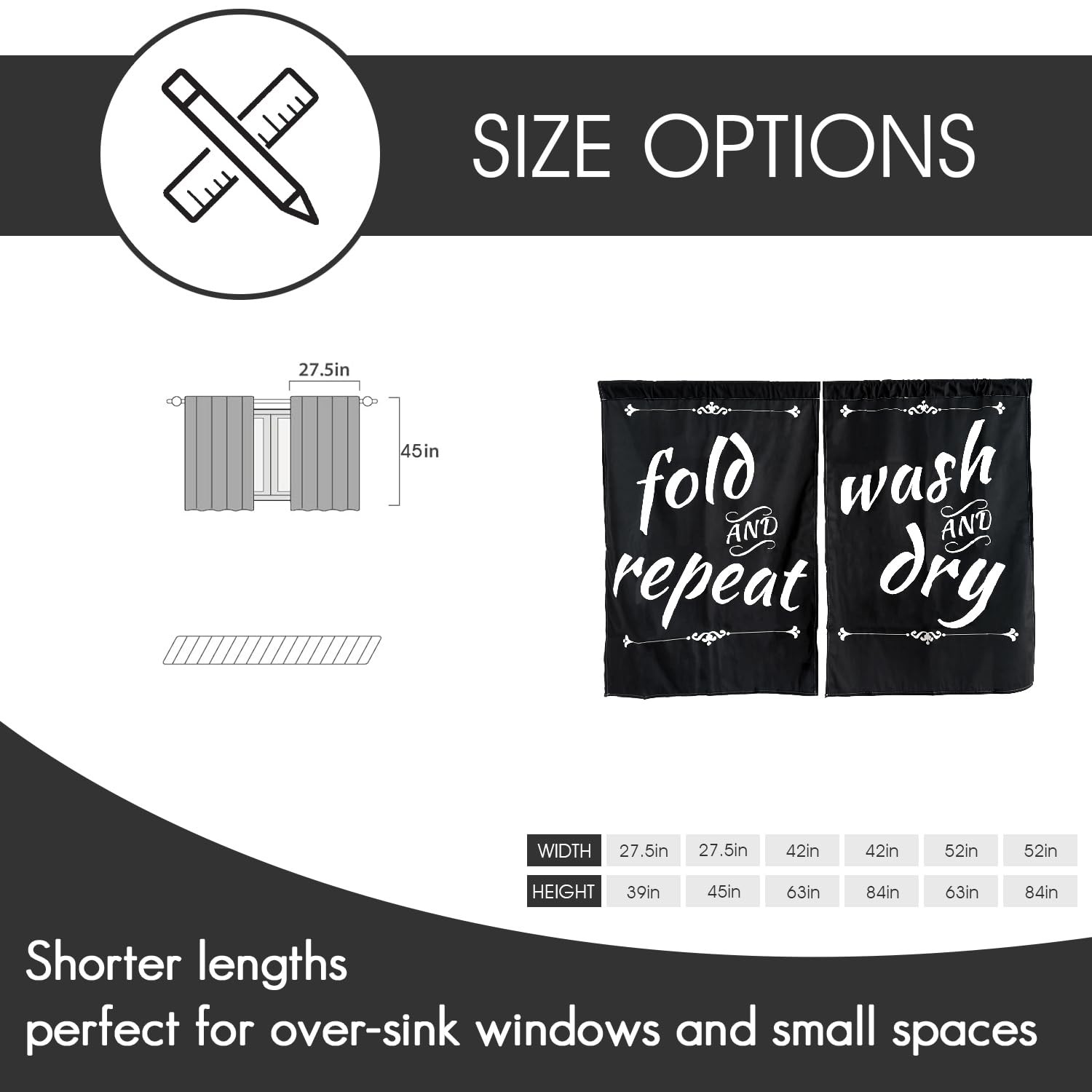 Black Laundry Room Curtains with Funny Sayings, Minimalist Trendy Wash Dry Fo…