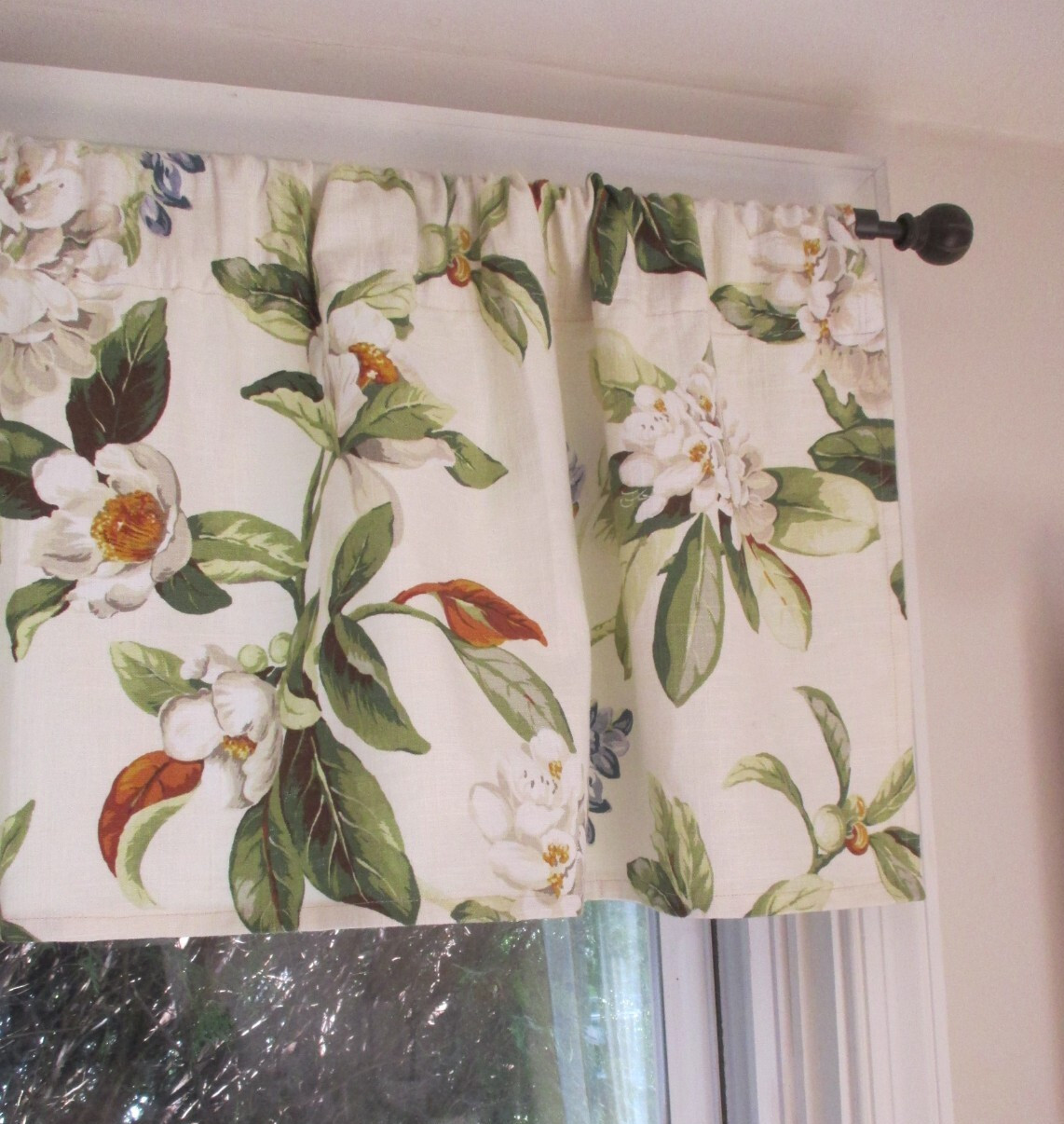 7 AVAILABLE Linen Blend Floral Valance Custom 16″ x 52″ Cream Green