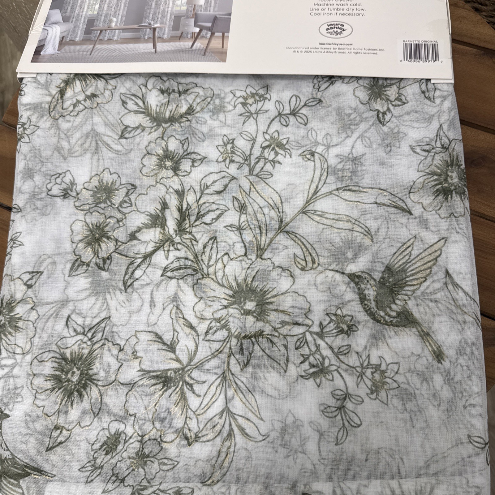 (2) Laura Ashley Hummingbird Floral Green Metallic Sheer Pole Panels 84” New~