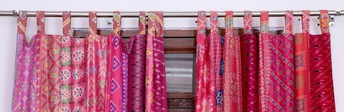 2 Pc Indian Old Recycle Silk Saree Boho Pink Curtain Door Drape Decor Curtain