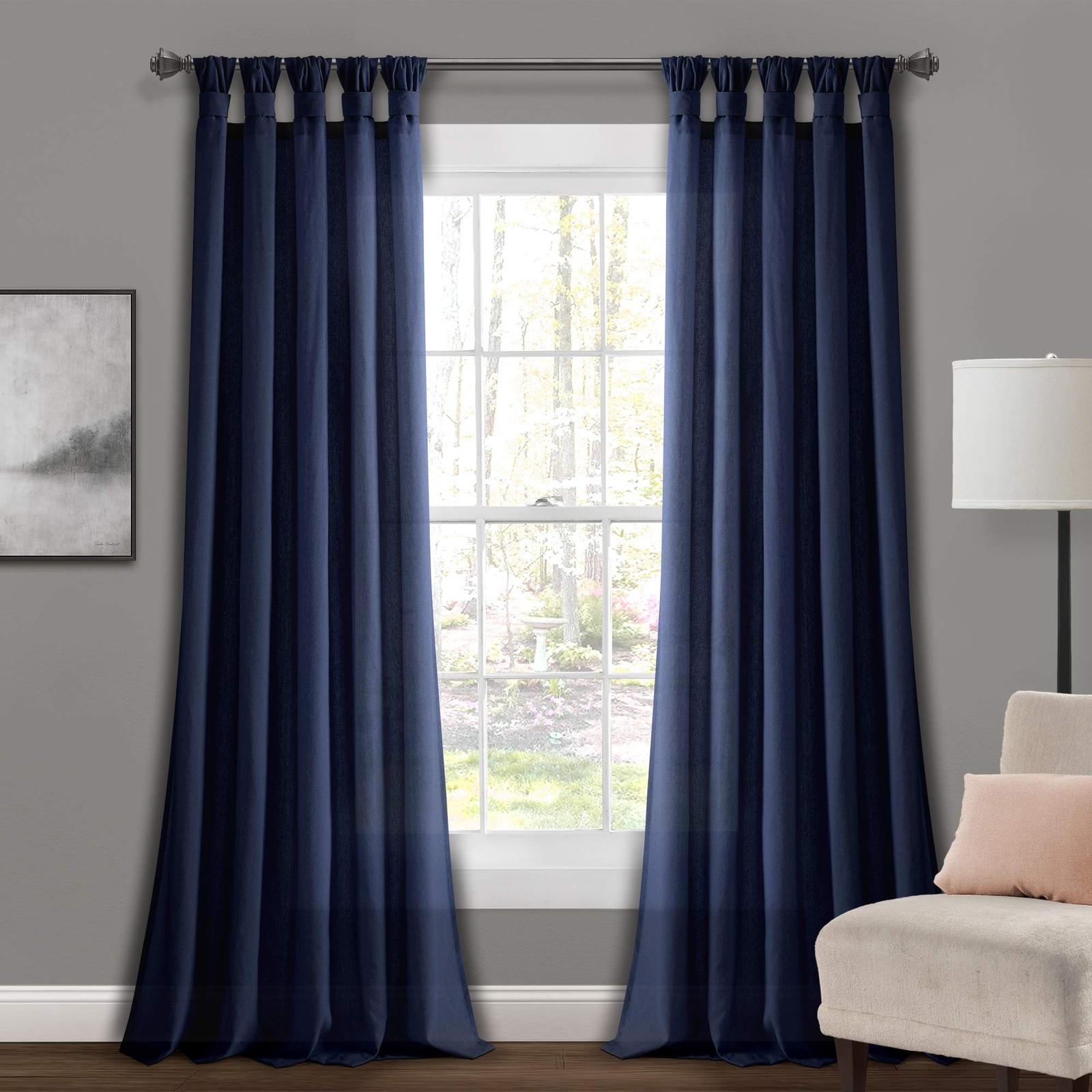 Lush Decor Burlap Knotted Tab-Top Window Curtain Panel Pair, 45″W x 95″L, Navy