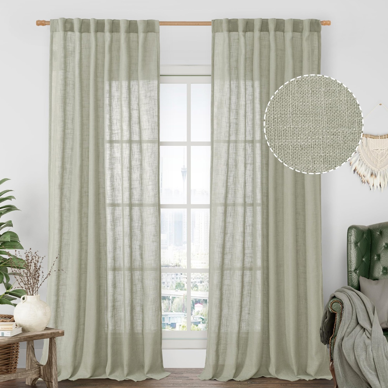 LAMIT Sheer Linen Curtains for Living Room, Back Tab and Rod Pocket Curtains