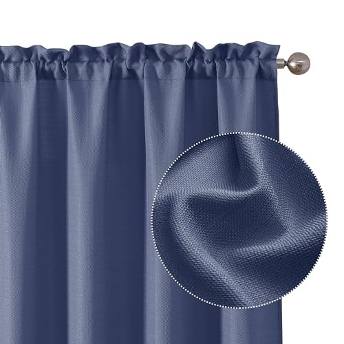 Bennet Blue Curtains 45 Inch Length 2 Panels, Faux Linen Textured Semi Sheer