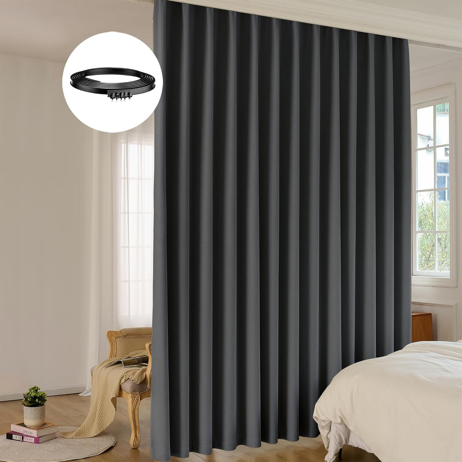Blackout Room Divider Curtain Set with Bendable Track – 12.5ft x 9ft