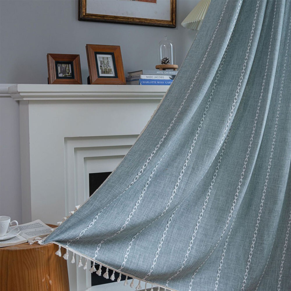 Rustic Striped Embroidered Curtain Window Drapes Panel Farmhouse Boho Home Decor