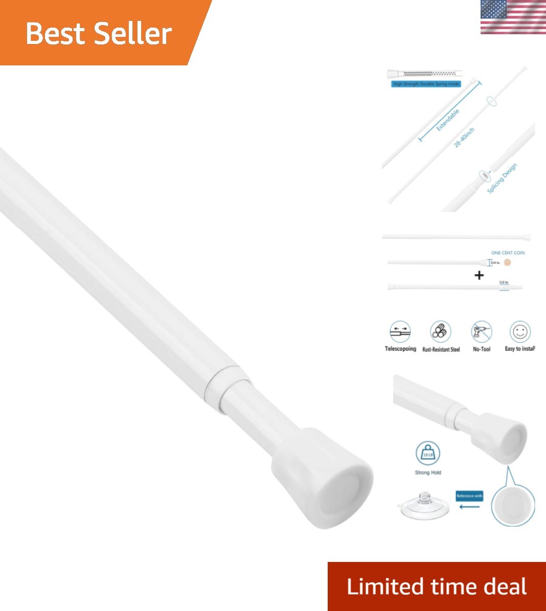 Elegant No-Drill Spring Tension Curtain Rod 28-40 Inch, Durable White Design
