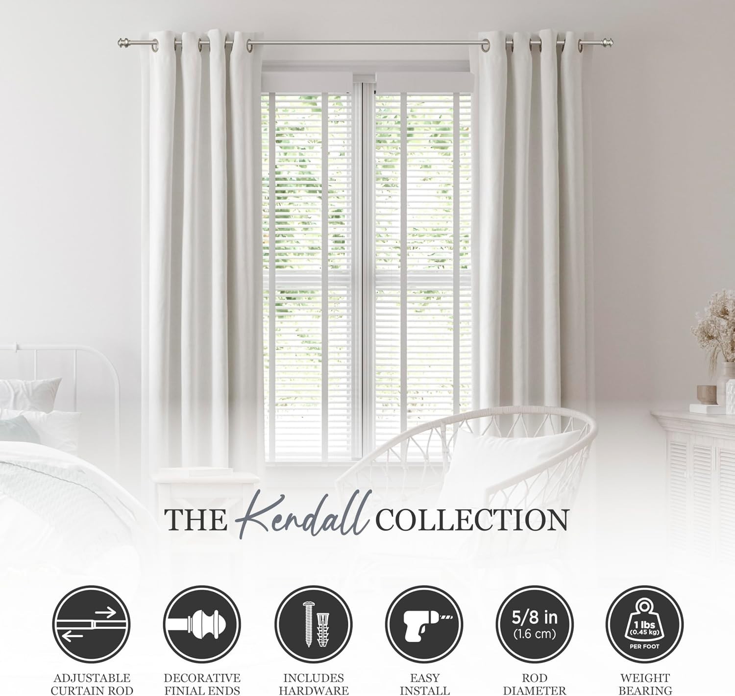 Stylish 28-48″ Adjustable Curtain Rod with Decorative Finials in Brushed Nickel