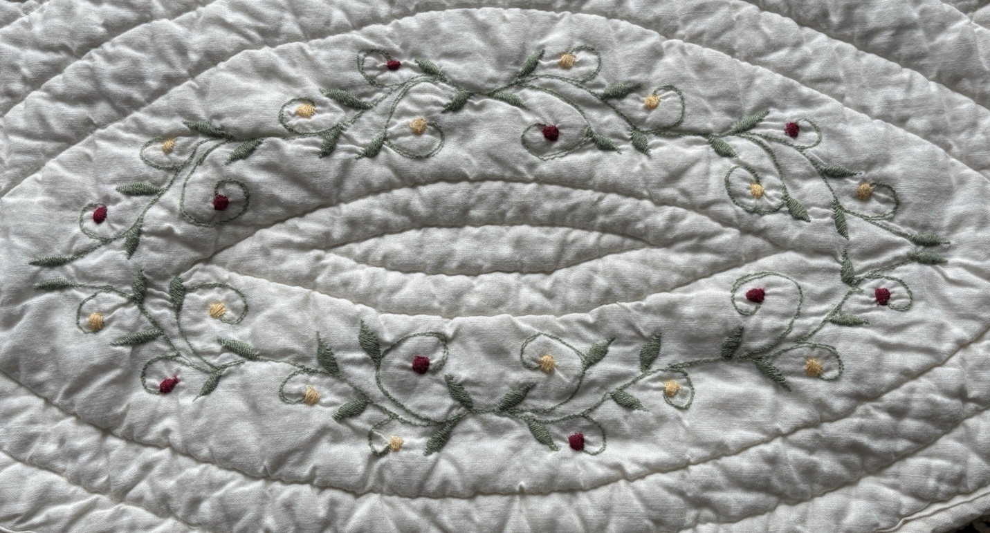 Scalloped Quilt Window Valances 65″x14″ ea Embroidered Floral Vine Motif 1 Pr