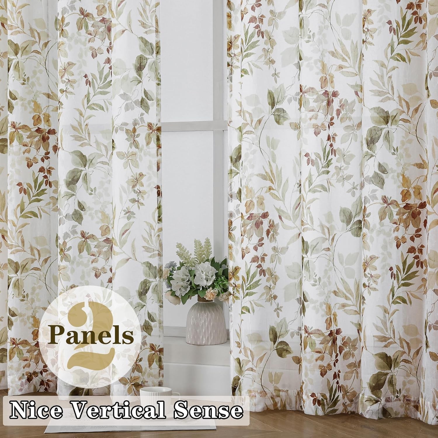 Crushed Semi Sheer Curtains 72 Inch Length 2 Panels Set, Printing Floral Pattern