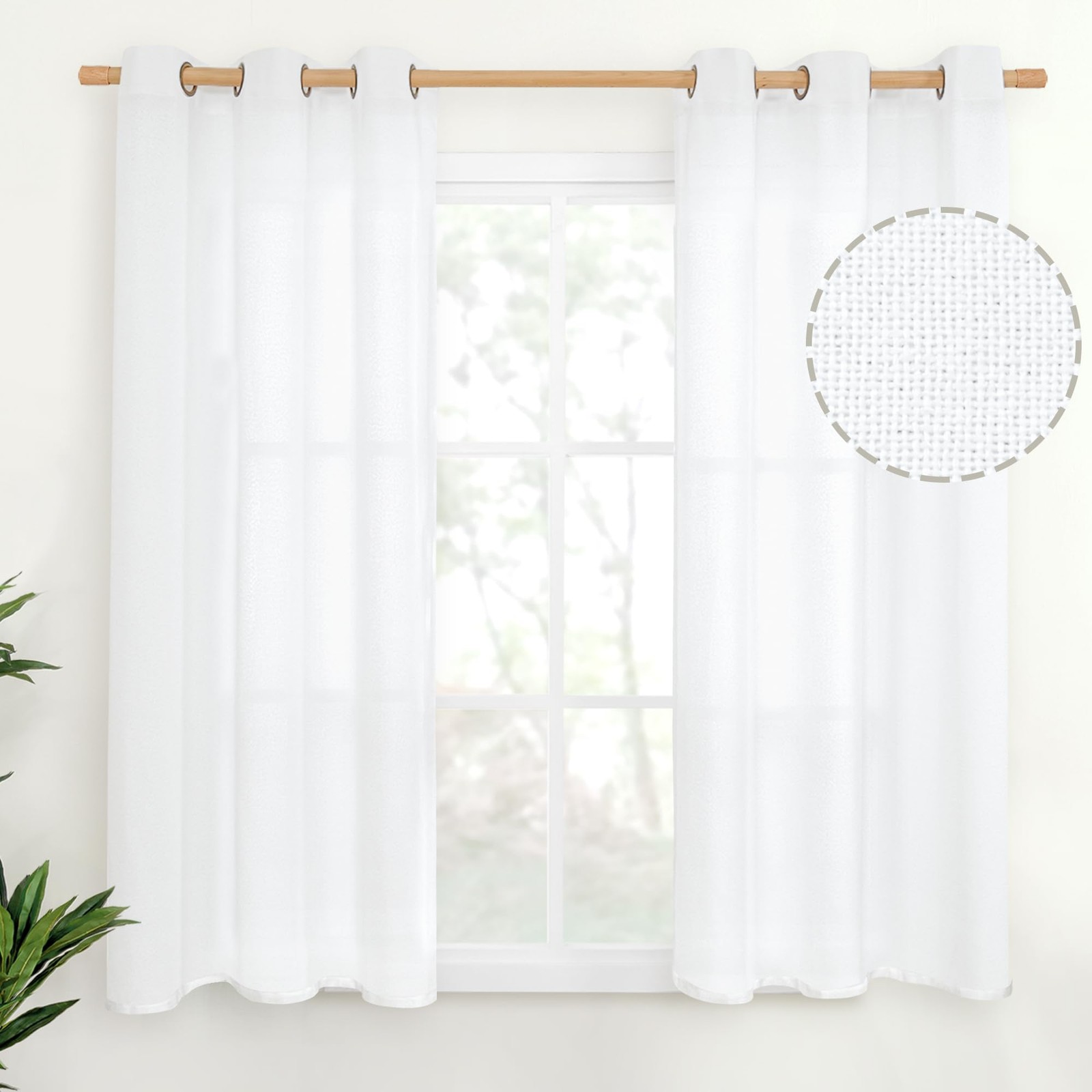 48 Inch Length White Linen Curtains, Short Light Filtering Drapes with Bronze…