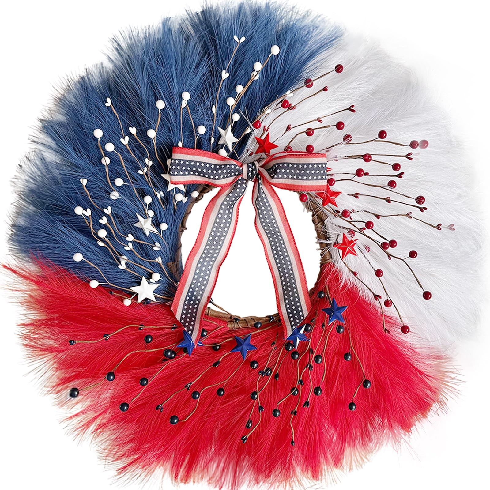 30 Inch Patriotic Wreath for Front Door, Artificial Pampas Grass Reeds Wreath