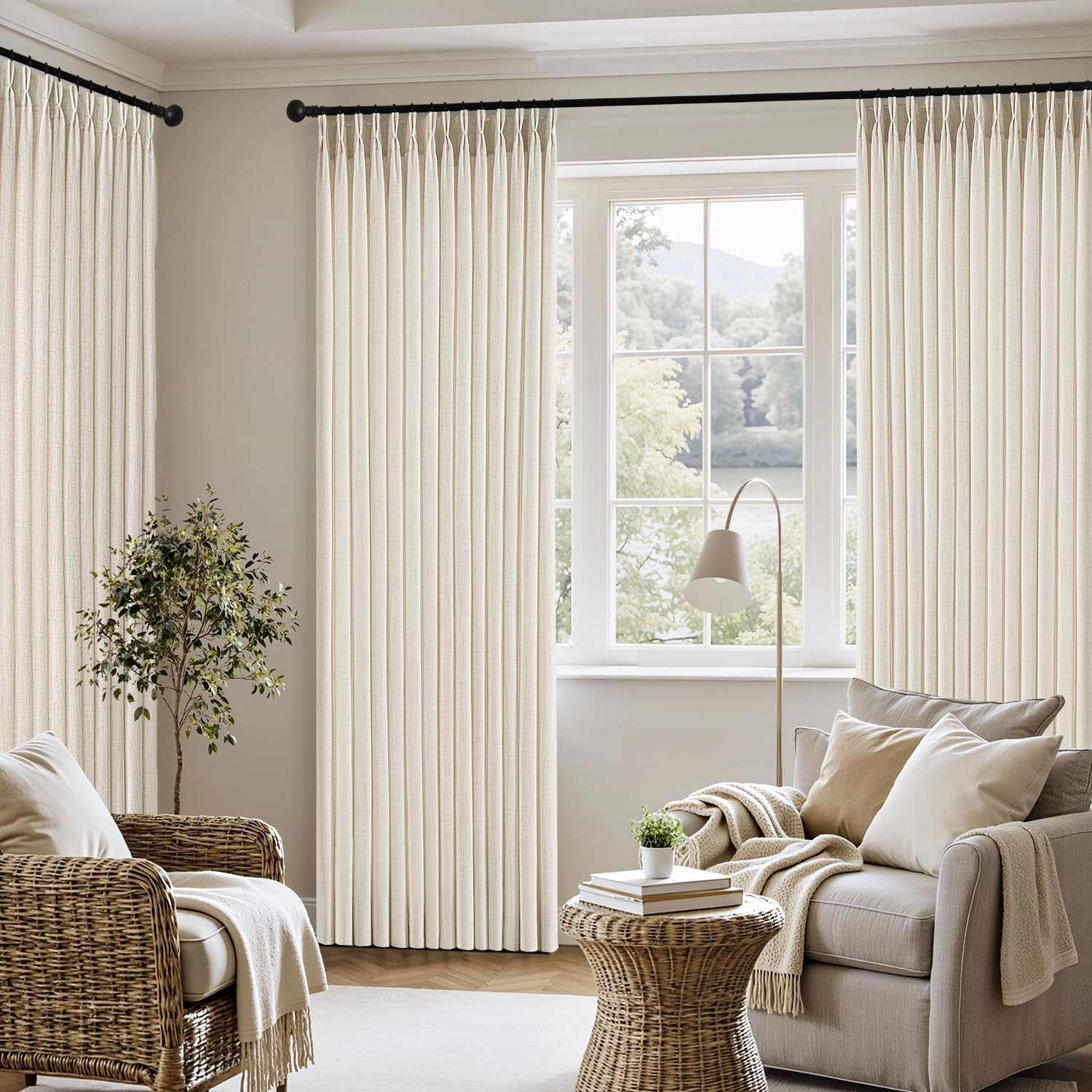 Pinch Pleated Thick Linen Curtains 90 Inches 4 Panels Set Ivory Cream Back Tab M