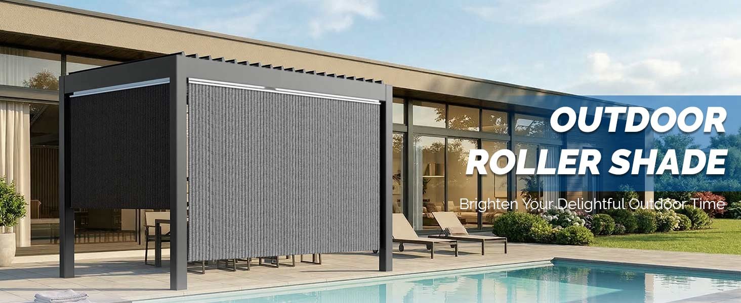 Outdoor Roller Shade, 10′(W) x 8′(H) Sun Shade Cover Canopy 220GSM HDPE with 99%