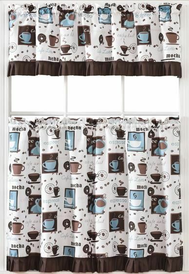 Kitchen Curtains 3 Pc. Set with Attached Valance Tier and Swag Set Red Brown