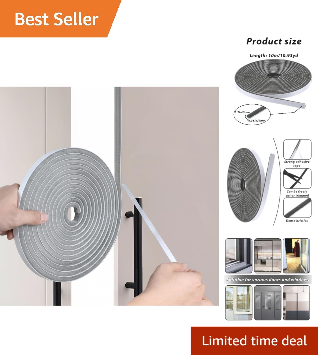 Durable Self-Adhesive Window Insulation – 33 Ft Gray Weather Stripping Felt Seal