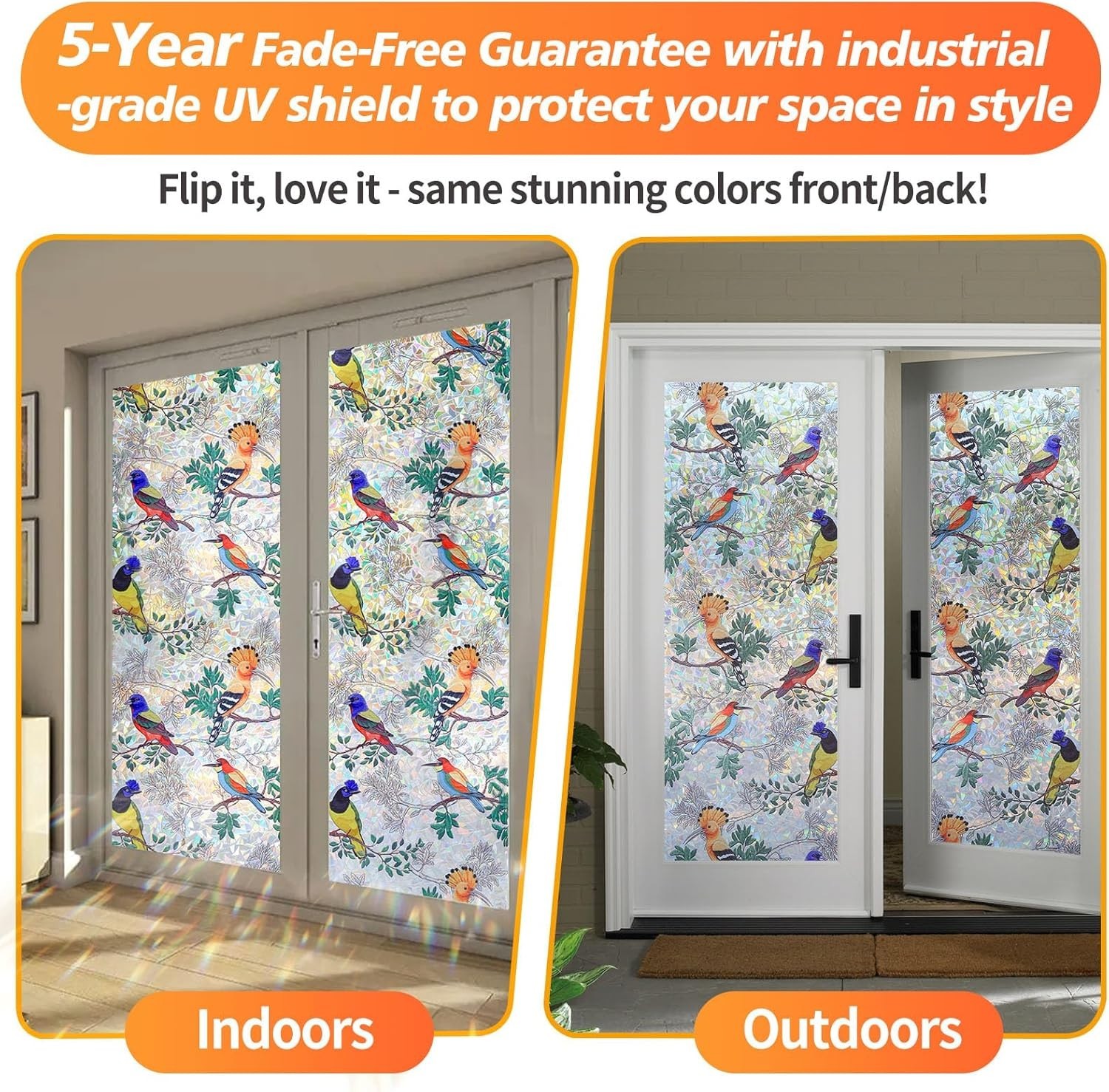 Decorative Reusable Window Privacy Film Colorful Birds on The Branch 35.4×157.4